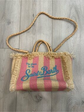 MC2 Saint Barth Pink Stripe Raffia Tote Crossbody Beach Bag Fringe Straw